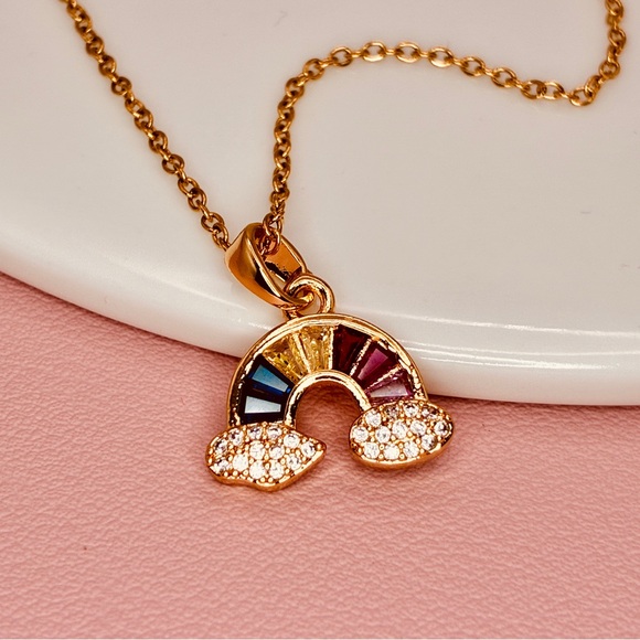 Free People Rainbow CZ Pendant Dainty Chain Necklace in Gold - Picture 1 of 5